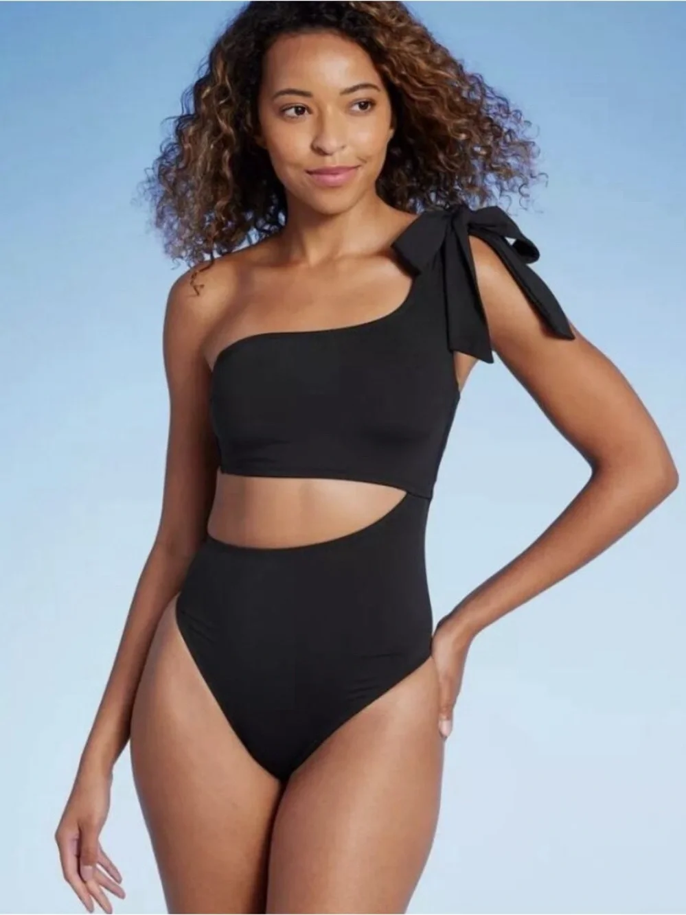Shade & Shore Women's One Shoulder Bow Cut Out One Piece Swimsuit Black M